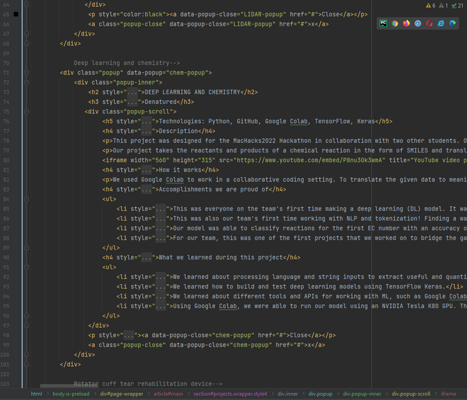 Screenshot of HTML code for the website.